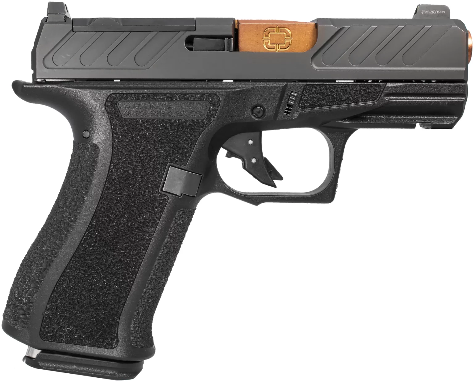 Black semi-automatic pistol on white background.