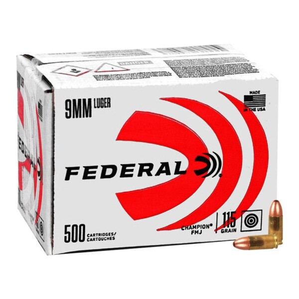 A white Federal Champion 9mm Luger box with a red bullseye and bold black text contains 500 rounds of 115-grain FMJ cartridges. Two brass bullets stand upright ahead, showcasing their Made in USA origin. Patriotic Firearms