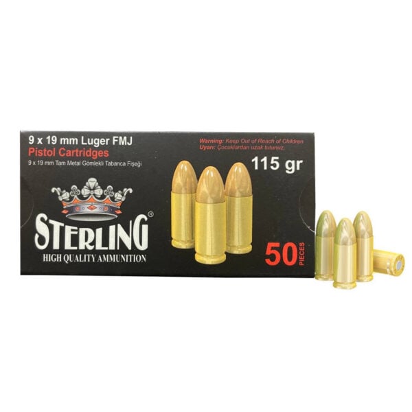 Sterling 9mm Luger 115 Grain FMJ - Brass Case - 50 Round Box