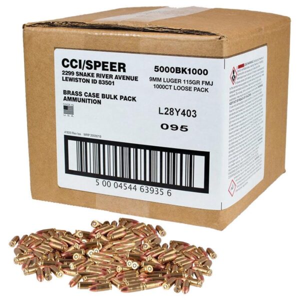 CCI Blazer Brass Handgun Ammunition 9mm Luger 115 gr FMJ 1145 fps 1000/ct Loose Pack