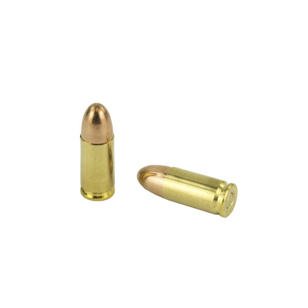 Two PMC Bronze 9mm Luger bullets, from a 50-round box, are shown against a white background. One stands upright and the other lies on its side, both featuring brass casings and copper-colored FMJ tips. Patriotic Firearms