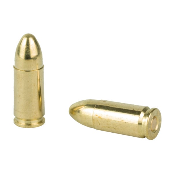 Two brass-colored Sellier & Bellot 9mm Luger 115 Grain FMJ cartridges are displayed on a white background. One stands upright, while the other lies horizontally beside it, both featuring a shiny metallic finish. Patriotic Firearms