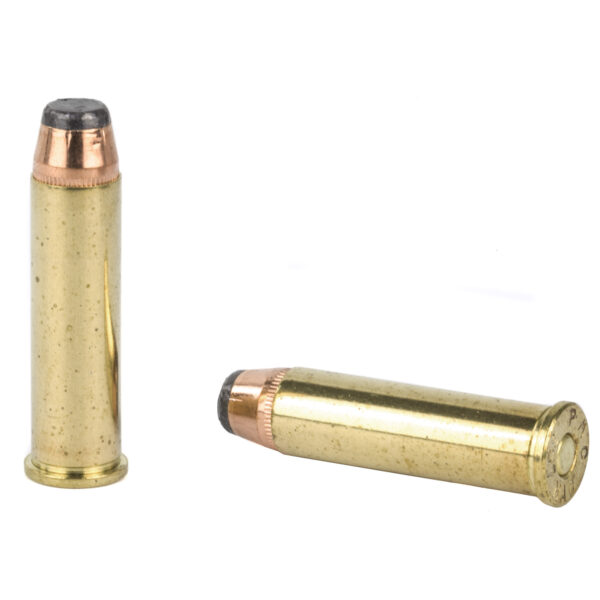 Two PMC Bronze .357 Magnum 158 Grain JSP cartridges are displayed, one upright and one horizontal, featuring a copper-colored band. They appear against a plain white background. Patriotic Firearms