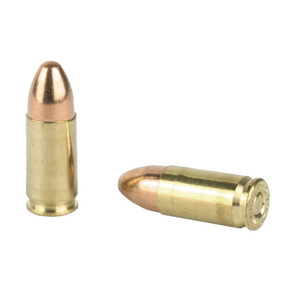 Two brass-colored Magtech 9mm Luger rounds, one upright and the other showing its base, are displayed on a white background. These 115 Grain FMJ bullets highlight precision in both form and function. Patriotic Firearms