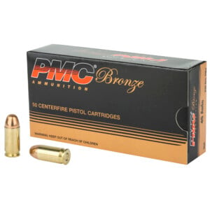 A PMC Bronze .45 ACP 230 Grain FMJ 50 Round Box showcases two bullets by its side, labeled 50 Centerfire Pistol Cartridges. The black and gold design carries a safety warning to keep the ammunition away from children. Patriotic Firearms