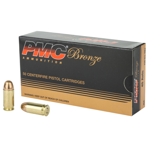 A PMC Bronze .45 ACP 230 Grain FMJ 50 Round Box showcases two bullets by its side, labeled 50 Centerfire Pistol Cartridges. The black and gold design carries a safety warning to keep the ammunition away from children. Patriotic Firearms