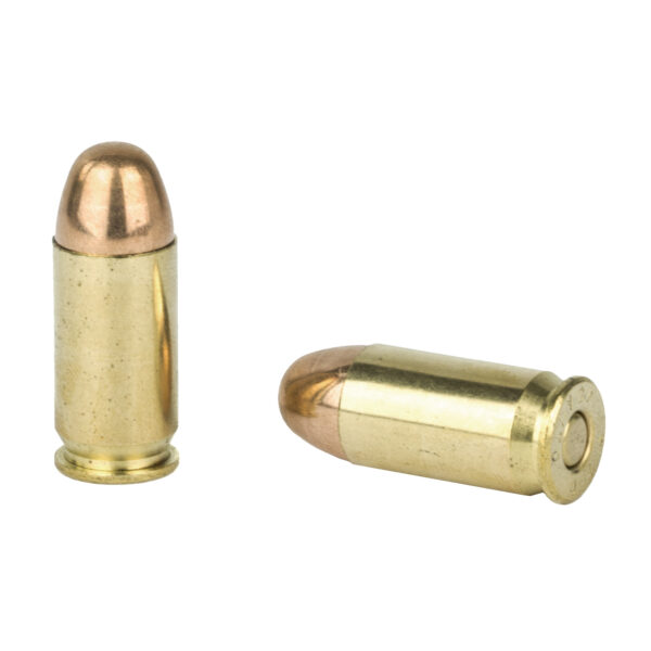 Two brass PMC Bronze .45 ACP bullets with copper tips are shown against a white background. One bullet stands upright while the other lies on its side, highlighting the base and casing details of these 230 Grain FMJ rounds. Patriotic Firearms