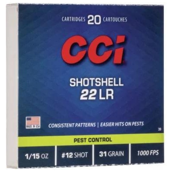 CCI Rimfire Shotshell Ammunition .22 LR 1/15 oz #12 31 gr 1000 fps 2000/ct (100-20/ct Boxes)