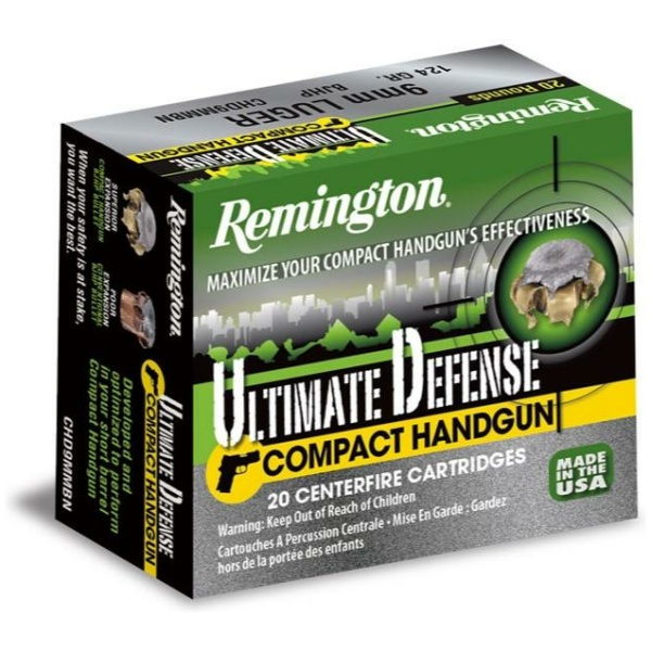 Remington Ultimate Defense compact handgun ammunition box.
