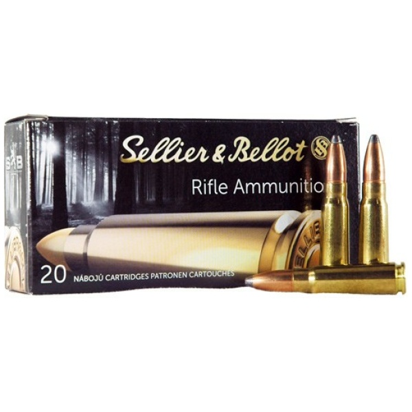 Sellier & Bellot rifle ammunition box and cartridges.