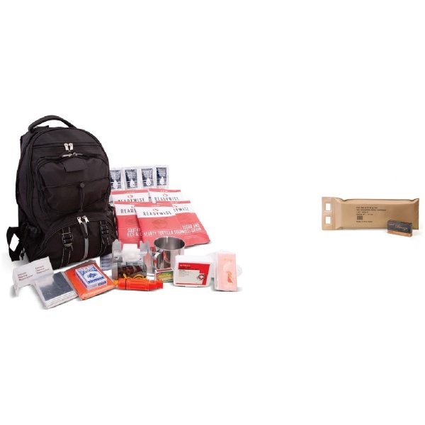Emergency survival kit with backpack and supplies.