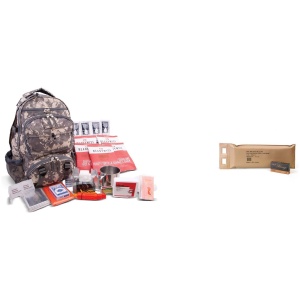 Emergency survival kit with backpack and supplies.
