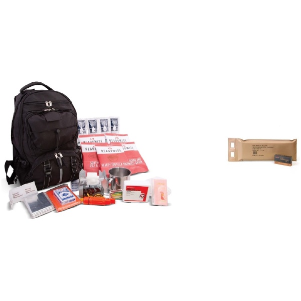 Emergency survival kit with food and supplies.