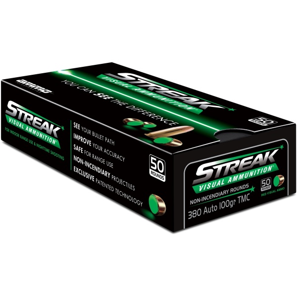 Box of Streak visual ammunition, 380 Auto caliber.