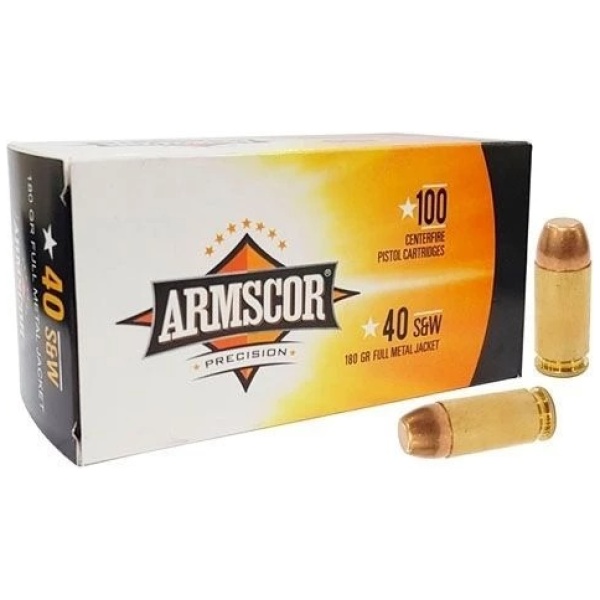 Armscor .40 S&W ammunition box with two bullets.
