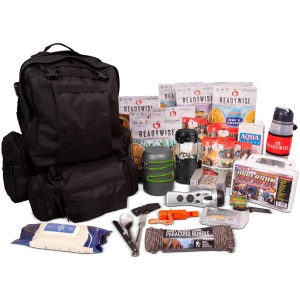 Emergency survival kit with food, backpack, and tools.