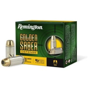 Remington Golden Saber Defense ammunition box and bullets.