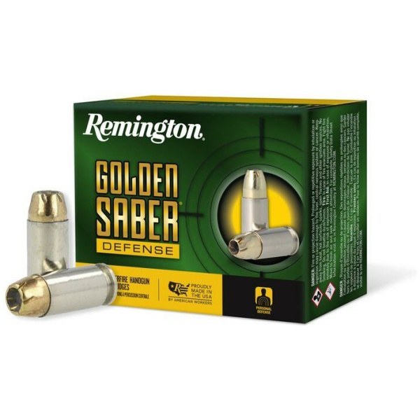 Remington Golden Saber Defense ammunition box and bullets.