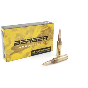 Berger ammunition box with two rifle cartridges