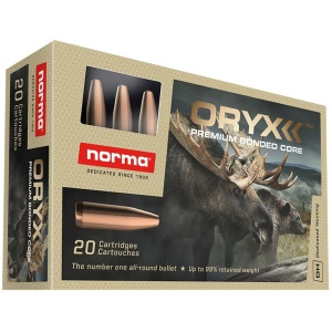 Norma ORYX ammunition box, 20 cartridges with moose image.