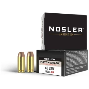 Nosler ammunition box with bullets displayed.