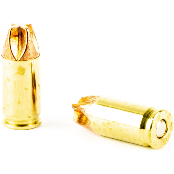 Two hollow point bullet casings on white background.