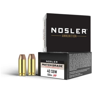 Nosler Match Grade .40 S&W ammunition box, bullets.