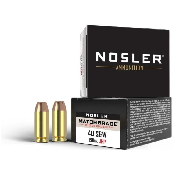 Nosler Match Grade .40 S&W ammunition box, bullets.