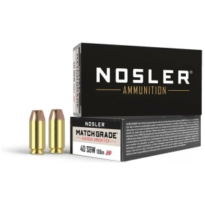 Nosler ammunition box with bullets displayed front