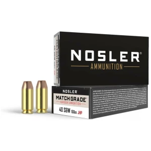 Nosler ammunition box with bullets displayed front