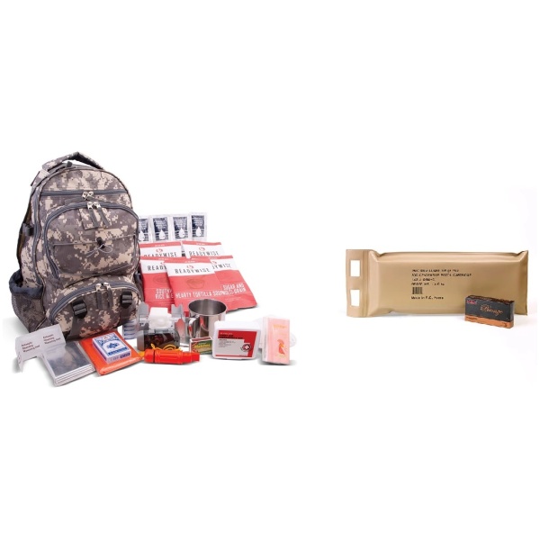 Emergency survival kit with supplies and food packs.