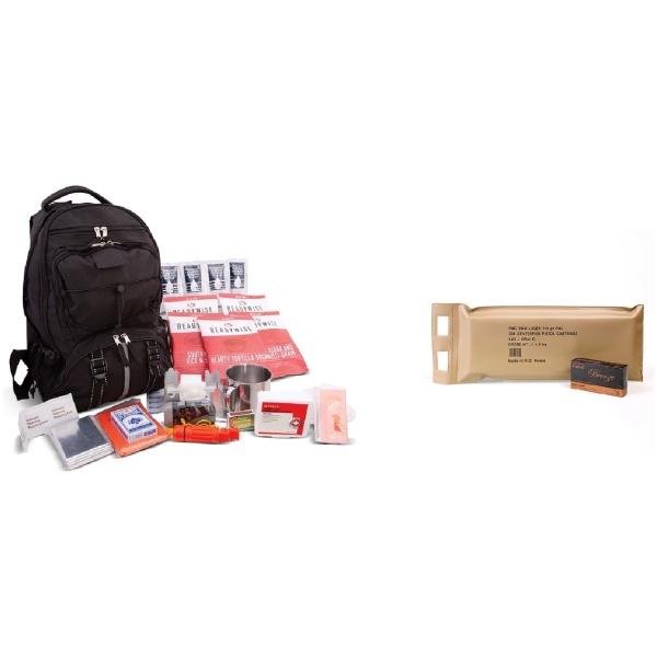 Emergency survival kit with various supplies and backpack.