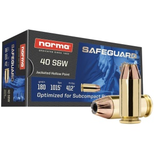 Norma Safeguard 40 S&W ammunition box and bullets.