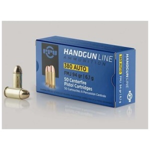 380 Auto ammunition box with bullets displayed.