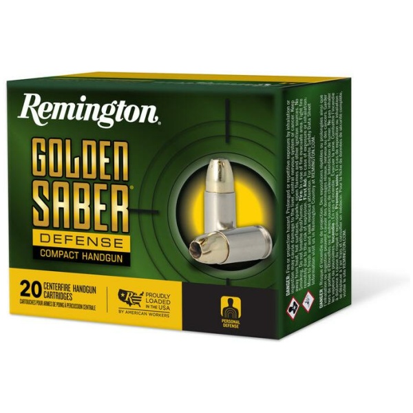 Remington Golden Saber ammunition box for compact handguns.