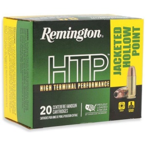 Box of Remington HTP jacketed hollow point cartridges.
