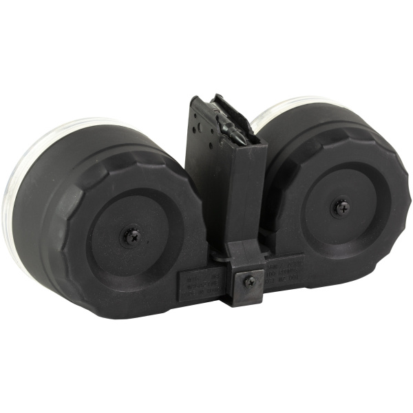 Double drum magazine for firearms, black plastic material.
