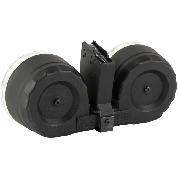 Double drum magazine for firearms, black plastic material.