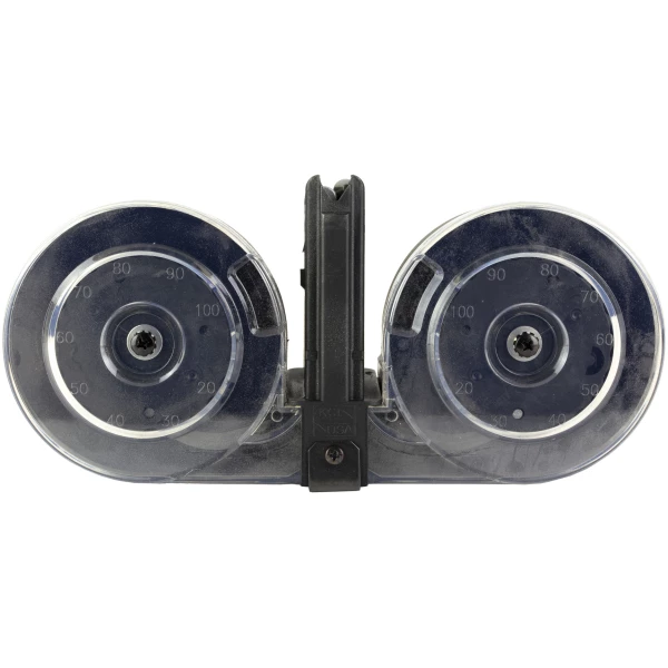 Dual drum magazine for firearms, clear casing.