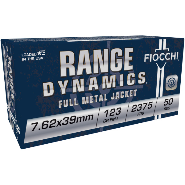 Fiocchi Range Dynamics ammo box, 7.62x39mm, 50 rounds.