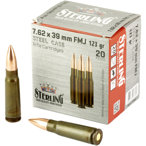 Box of 7.62x39mm rifle cartridges on white background.
