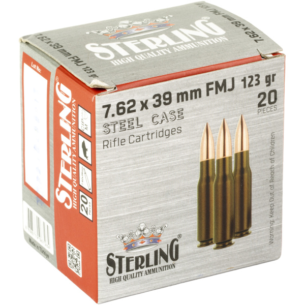 Sterling ammunition 7.62x39mm FMJ steel case box.
