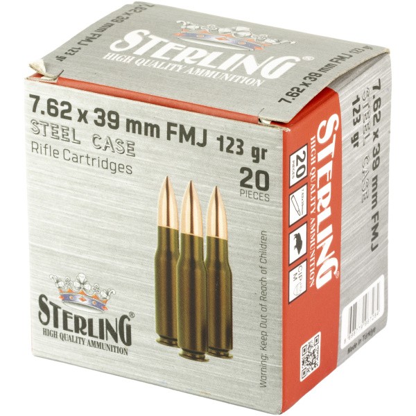 7.62x39mm FMJ rifle cartridges, 20 pieces box.