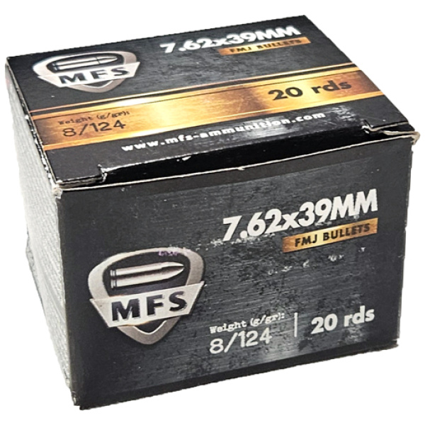 MFS 7.62x39mm FMJ ammunition box, 20 rounds.