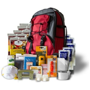 Emergency survival kit with backpack and supplies.