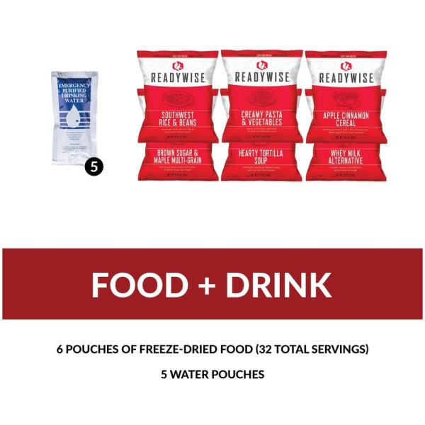 Emergency freeze-dried food and water pouches.
