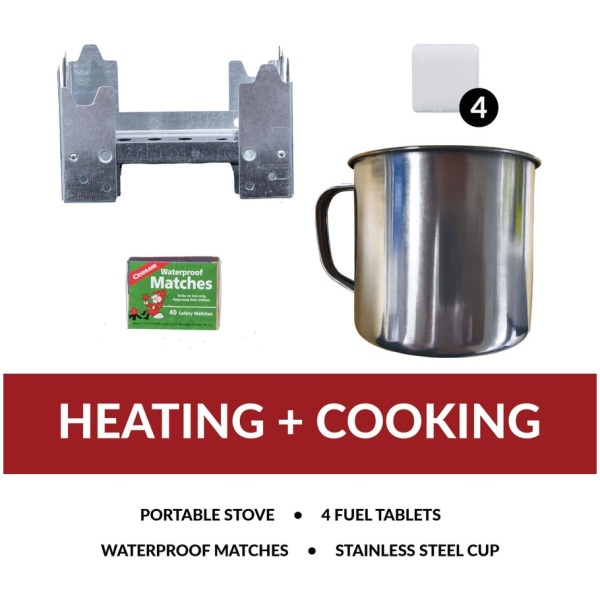 Portable stove, fuel tablets, matches, stainless steel cup.