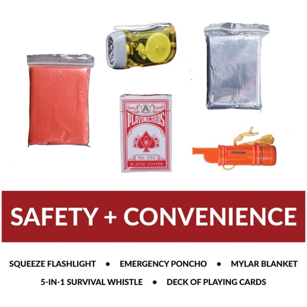Emergency survival kit with flashlight, poncho, blanket.