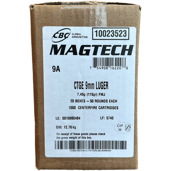 Box of 9mm Luger ammunition cartridges.
