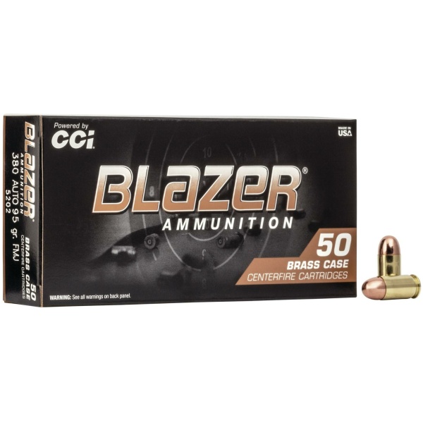 Blazer Brass 380 Auto ammunition box and cartridges